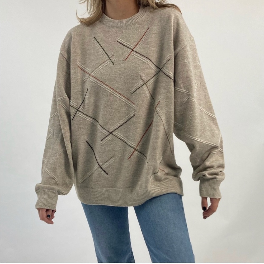 Vintage 90’s Merino Wool Tan Striped Abstract Chunky Oversized Sweater XL